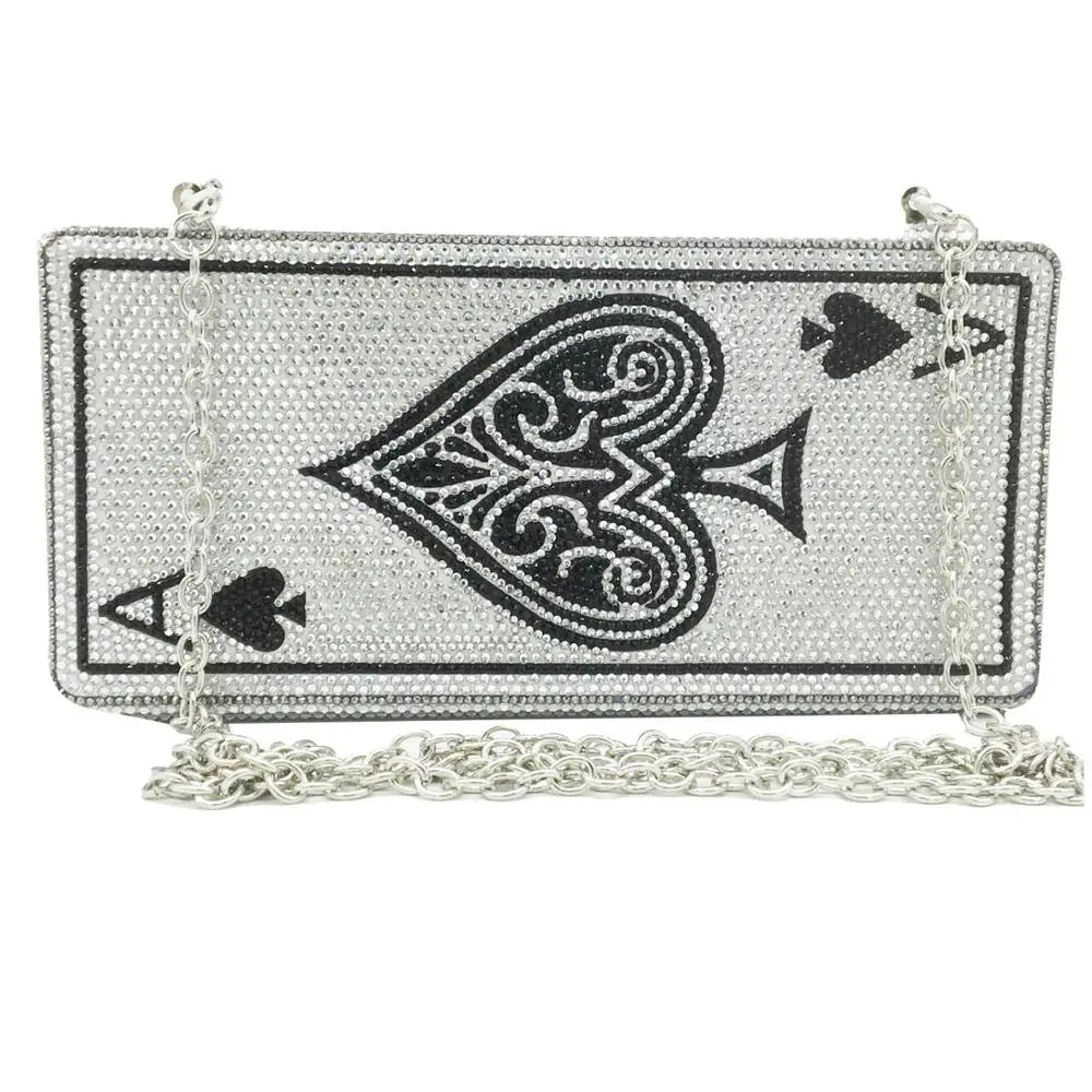 Boutique De FGG Poker Carte à Jouer Spade As Femme Cristal Pochette Sac à Main Evening Sac Vegas Strass Sac à Mains Casinos Dinner Sac