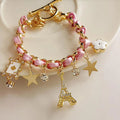 New arrive Women Flowers Bracelet chain Star Heart Paris Eiffel Tower Crown Poker Cute Bangle Leather Rope Chain Jewelery Gift