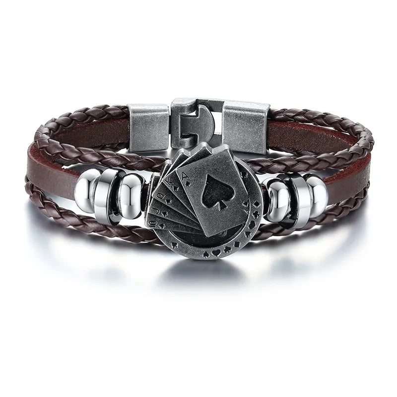 POKER BROWN LEATHER CUFF BRACELET MEN'S MULTILAYER WRAP WRISTBAND FRIENDSHIP VINTAGE BIKER PLAYING CARD POKER BANGLE MEN JEWELRY