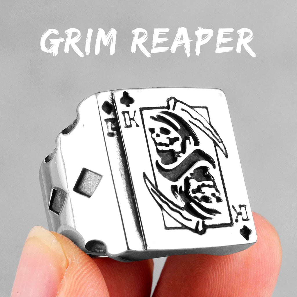 Grim Reaper Poker King Skull Stainless Steel Mens Rings Gothic Punk for Male Boyfriend Biker Jewelry Creativity Gift Wholesale