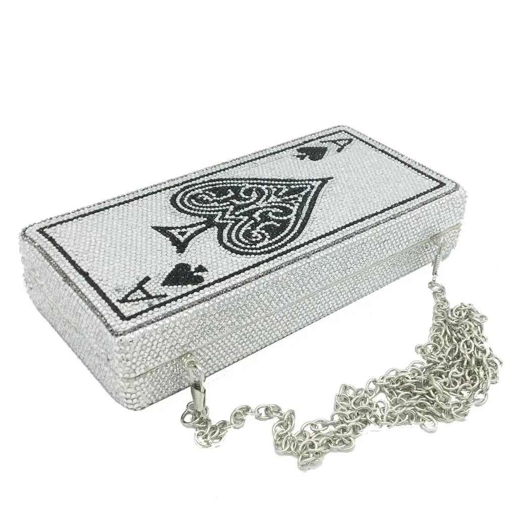Boutique De FGG Poker Carte à Jouer Spade As Femme Cristal Pochette Sac à Main Evening Sac Vegas Strass Sac à Mains Casinos Dinner Sac