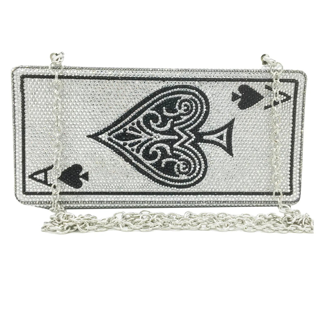 Boutique De FGG Poker Carte à Jouer Spade As Femme Cristal Pochette Sac à Main Evening Sac Vegas Strass Sac à Mains Casinos Dinner Sac