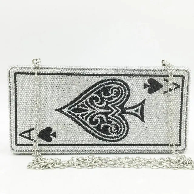 Boutique De FGG Poker Carte à Jouer Spade As Femme Cristal Pochette Sac à Main Evening Sac Vegas Strass Sac à Mains Casinos Dinner Sac