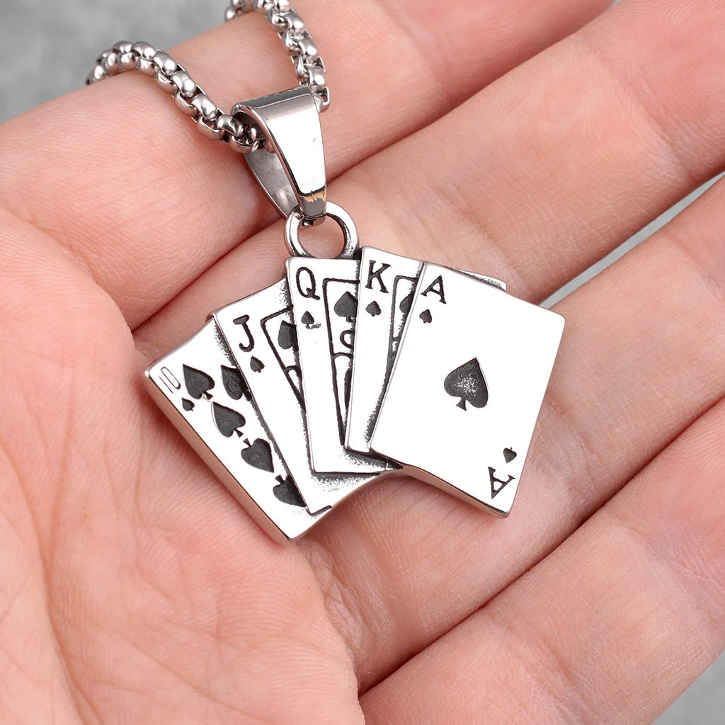 Flush Poker Gambling Long Men Necklaces Pendants Chain Punk for Boyfriend Male Stainless Steel Jewelry Creativity Gift Wholesale