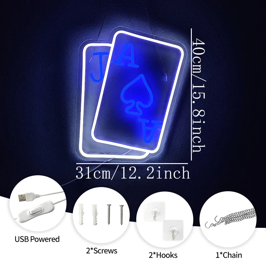 Playing Cards Neon Sign for Wall Decor,Poker Teens LED Neon USB Light Sign for Bedroom Casino Bar Play Room Birthday Party Decor