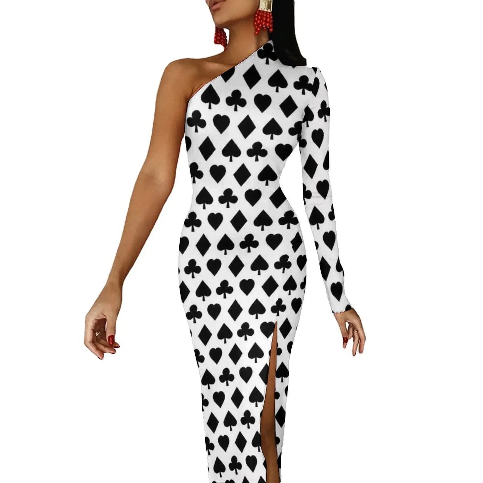 Casino Playing Cards Maxi Dress Long Sleeve Hearts Crosses Print Sexy Bodycon Dress Autumn Party Long Dresses Pattern Clothing