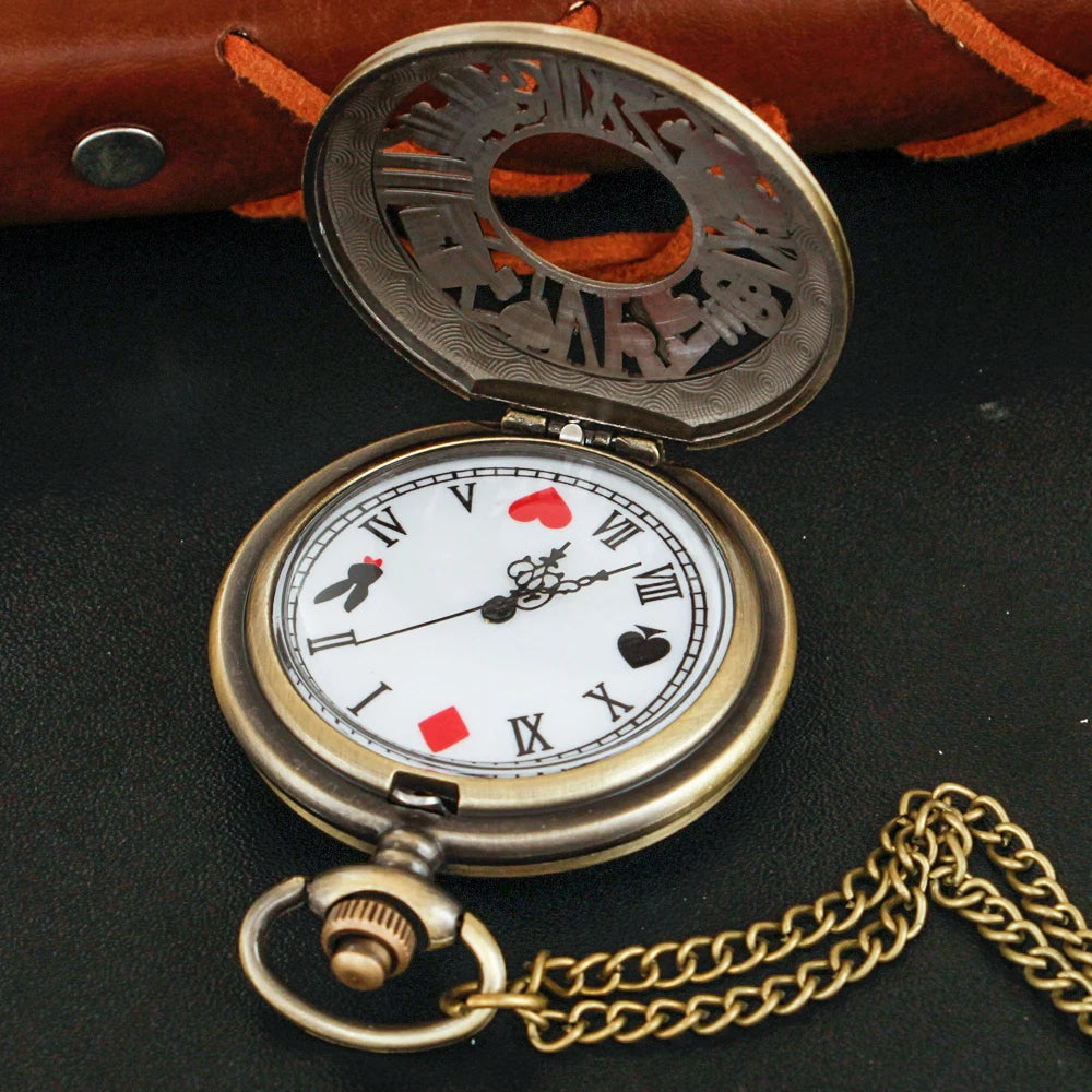 Bronze Fairy Tale Alice Poker Rabbit Hollow Characteristic Quartz Pocket Watch Retro Men's and Women's Necklace Pendant Gift