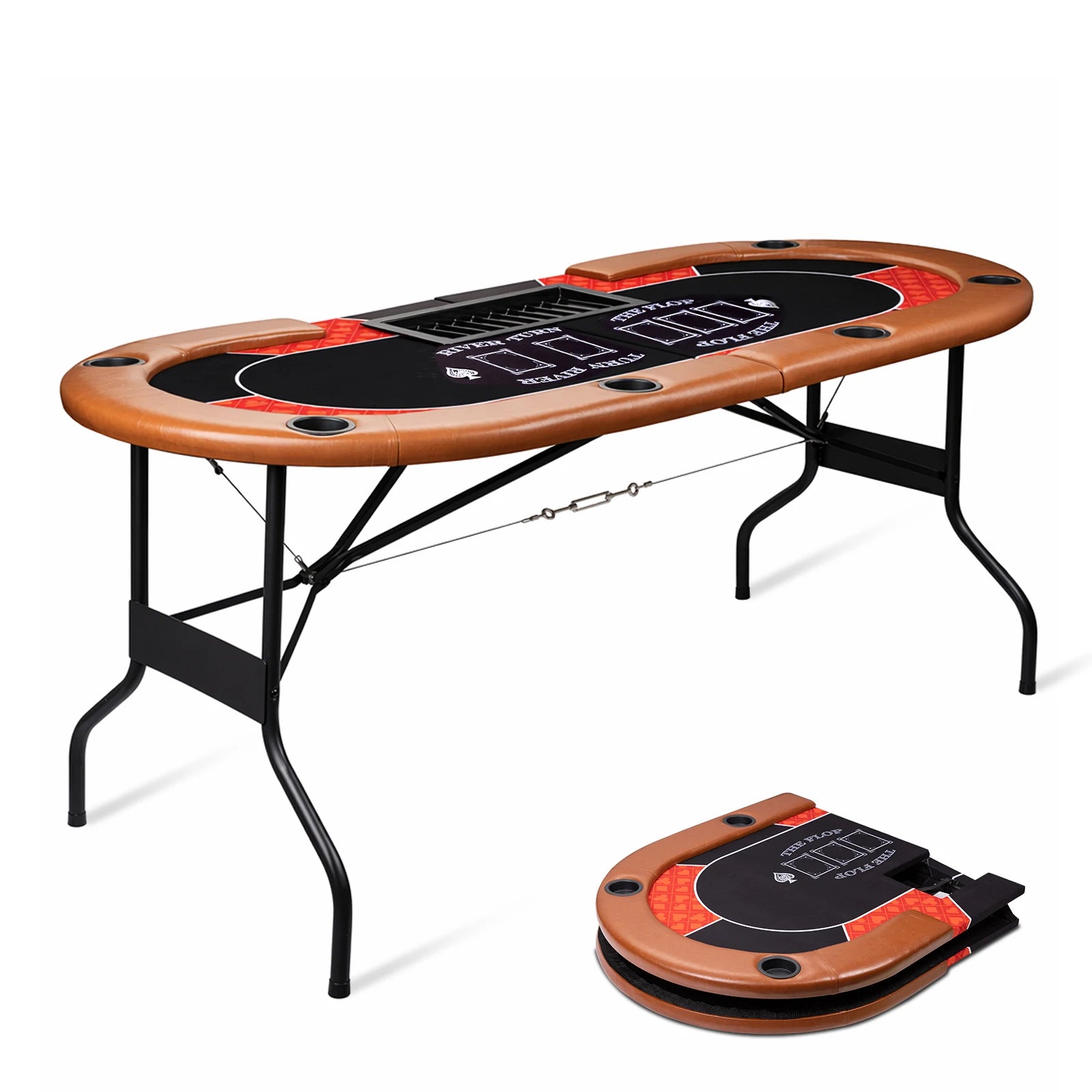 HLC Poker Table 7 Player Foldable Texas Holdem Casino Game Table with Chip Tray, Dealer Spot and Padded Rails for Home Game Room 182×82×71cm