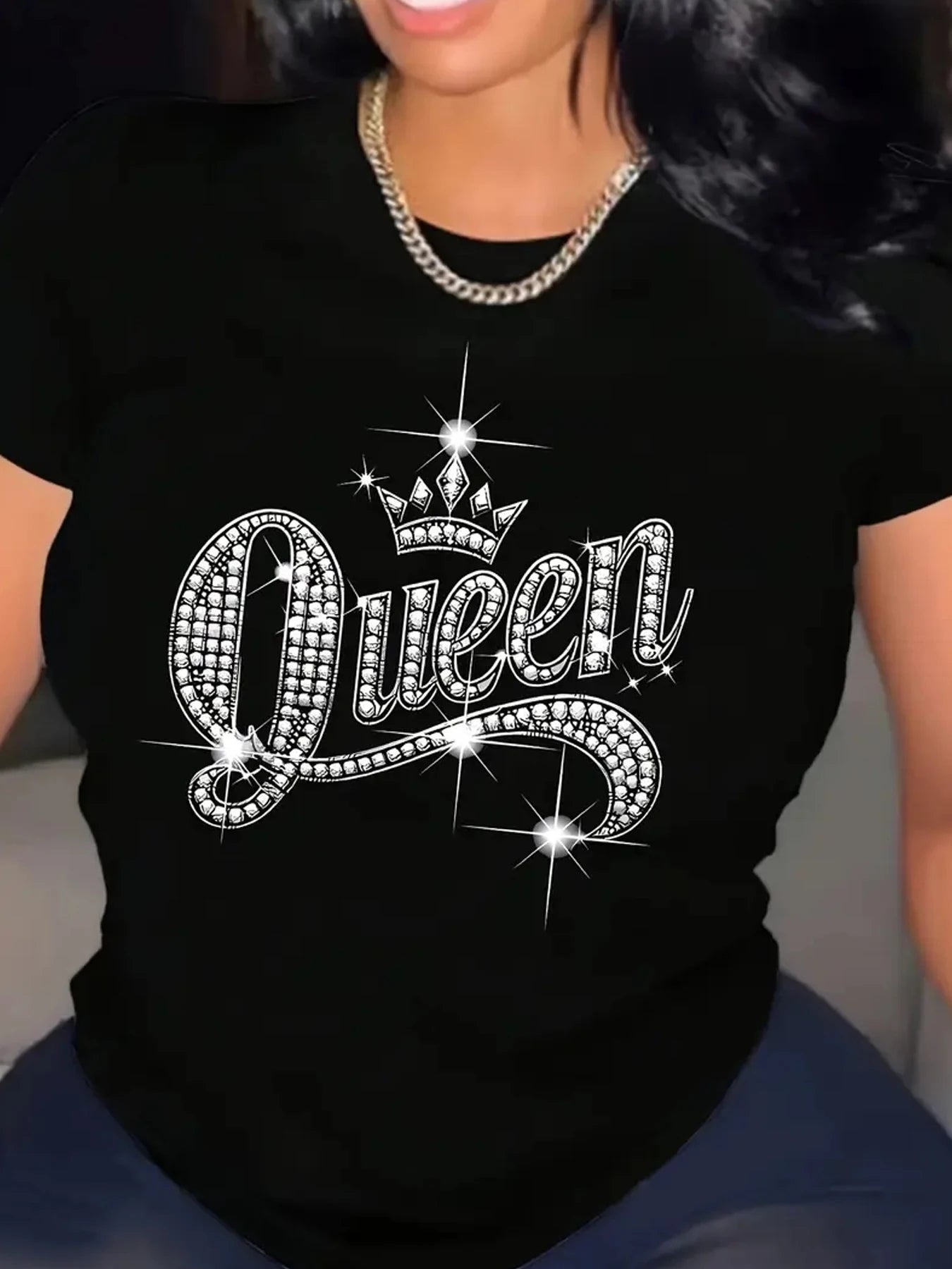 Women's Casual Short-Sleeve Rhinestone Queen Print T-Shirt Graphic T Shirts Aesthetic Clothes Summer Streetwear Fashion Y2K Top