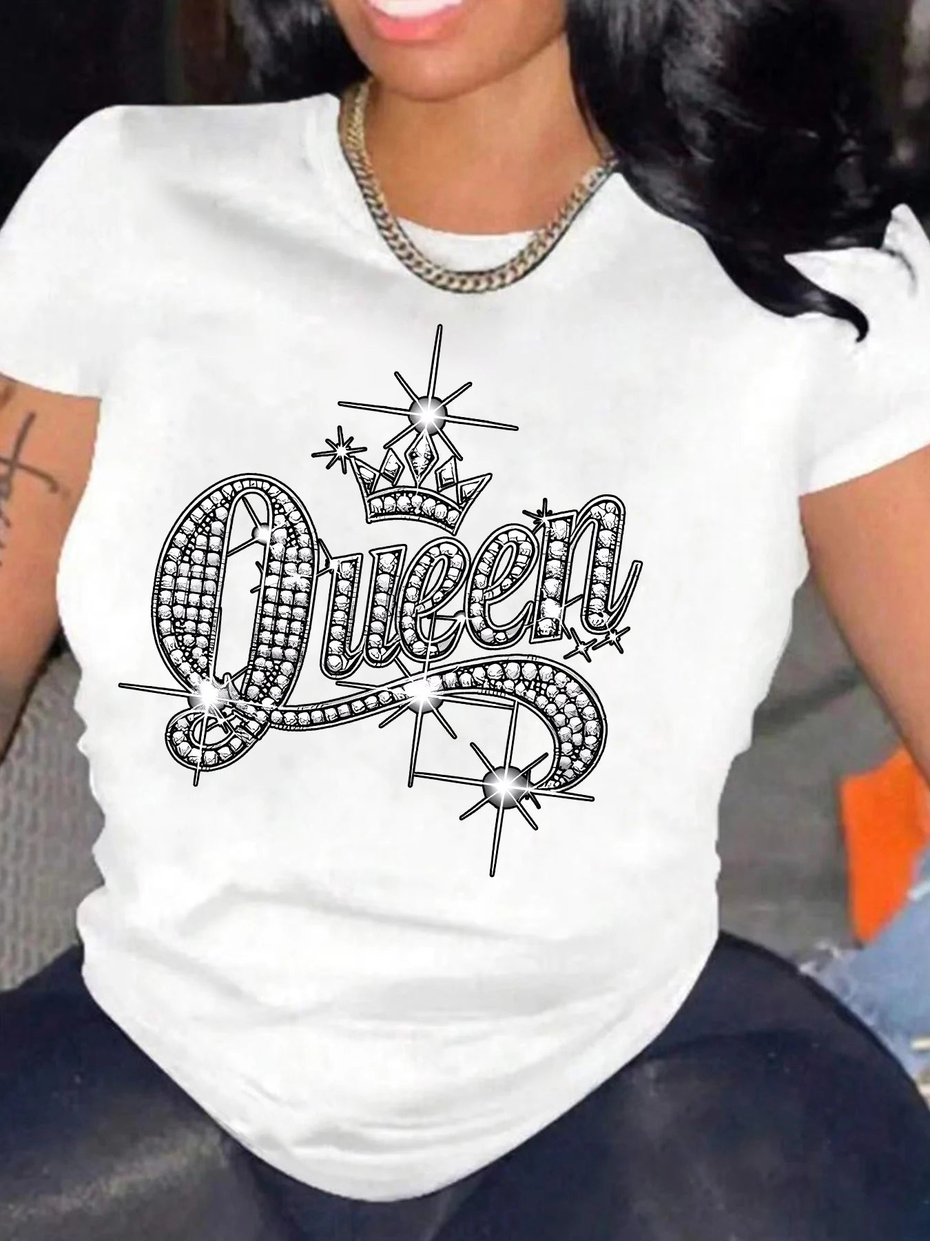 Women's Casual Short-Sleeve Rhinestone Queen Print T-Shirt Graphic T Shirts Aesthetic Clothes Summer Streetwear Fashion Y2K Top