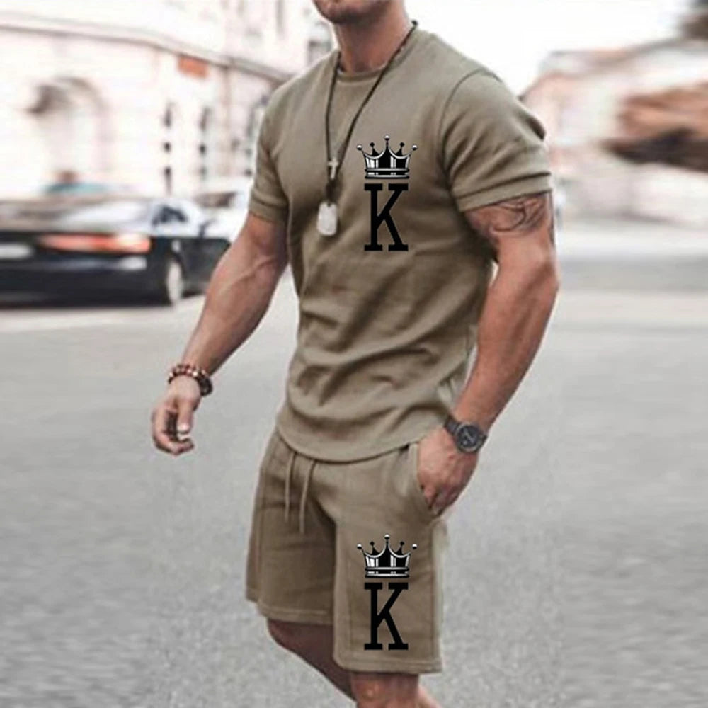 2025 Summer New Men's Summer Leisure Sports Running Set Loose Men's Refreshing Top Y2K Style 3D Poker King Fashion shirt Set Lightweight