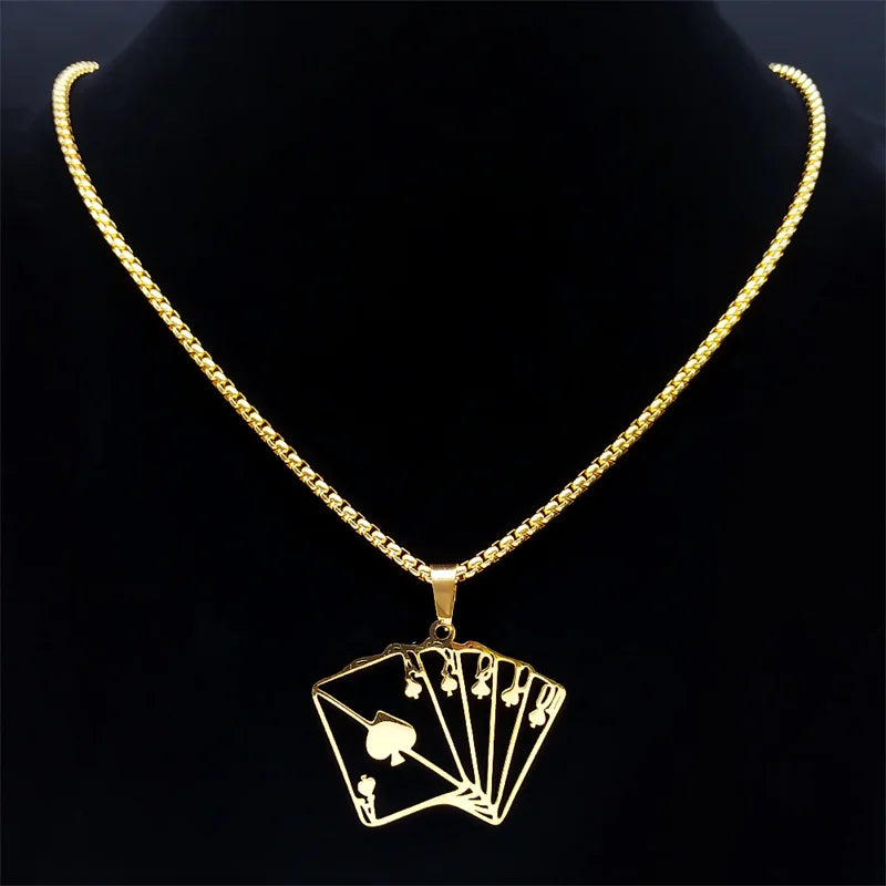 Lucky Ace of Spades Poker 10 J Q K A Necklace Stainless Steel Card Casino Fortune Playing Cards Necklace Jewelry collier6106