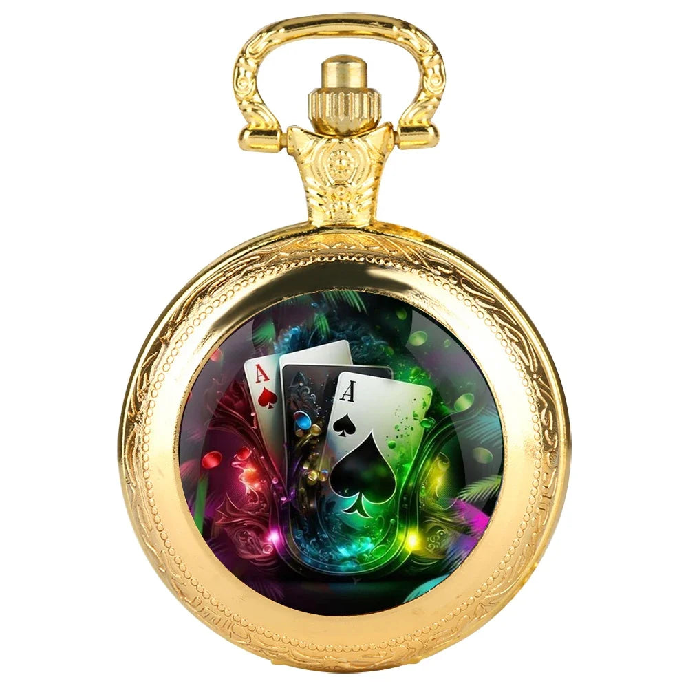 Exquisite Magic Poker Glass Dome Quartz Pocket Watch with Chain Arabic Numeral Dial Women Necklace Pendant Gifts Man Watches