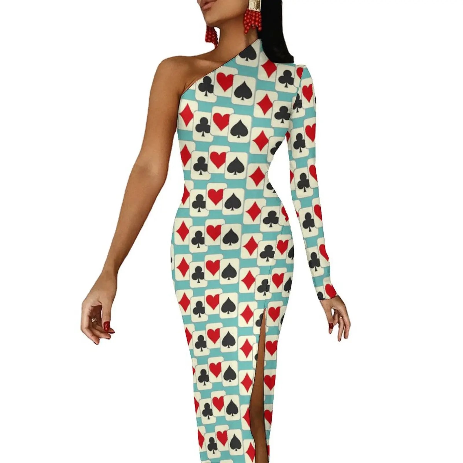 Casino Playing Cards Maxi Dress Long Sleeve Hearts Crosses Print Sexy Bodycon Dress Autumn Party Long Dresses Pattern Clothing