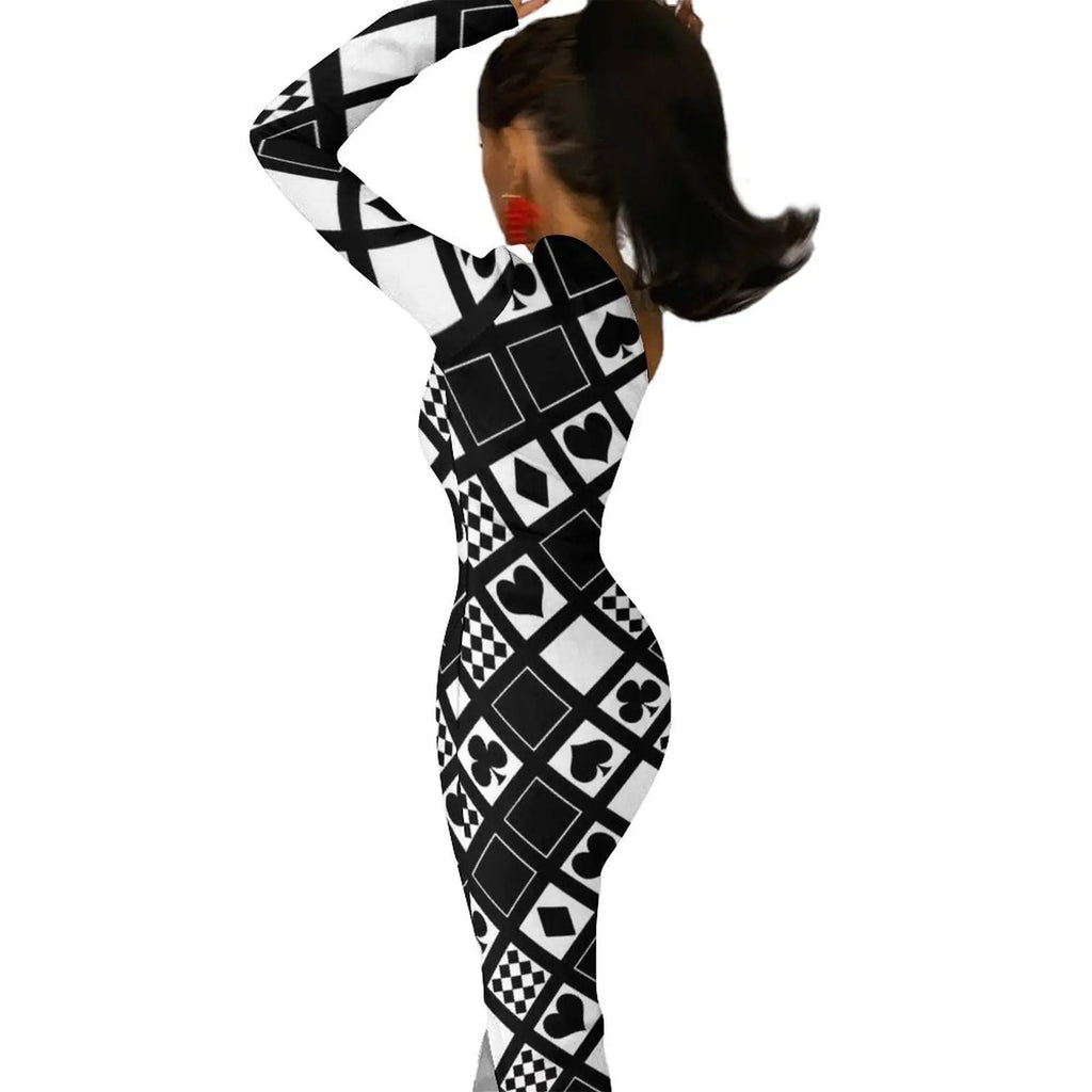 Casino Playing Cards Maxi Dress Long Sleeve Hearts Crosses Print Sexy Bodycon Dress Autumn Party Long Dresses Pattern Clothing