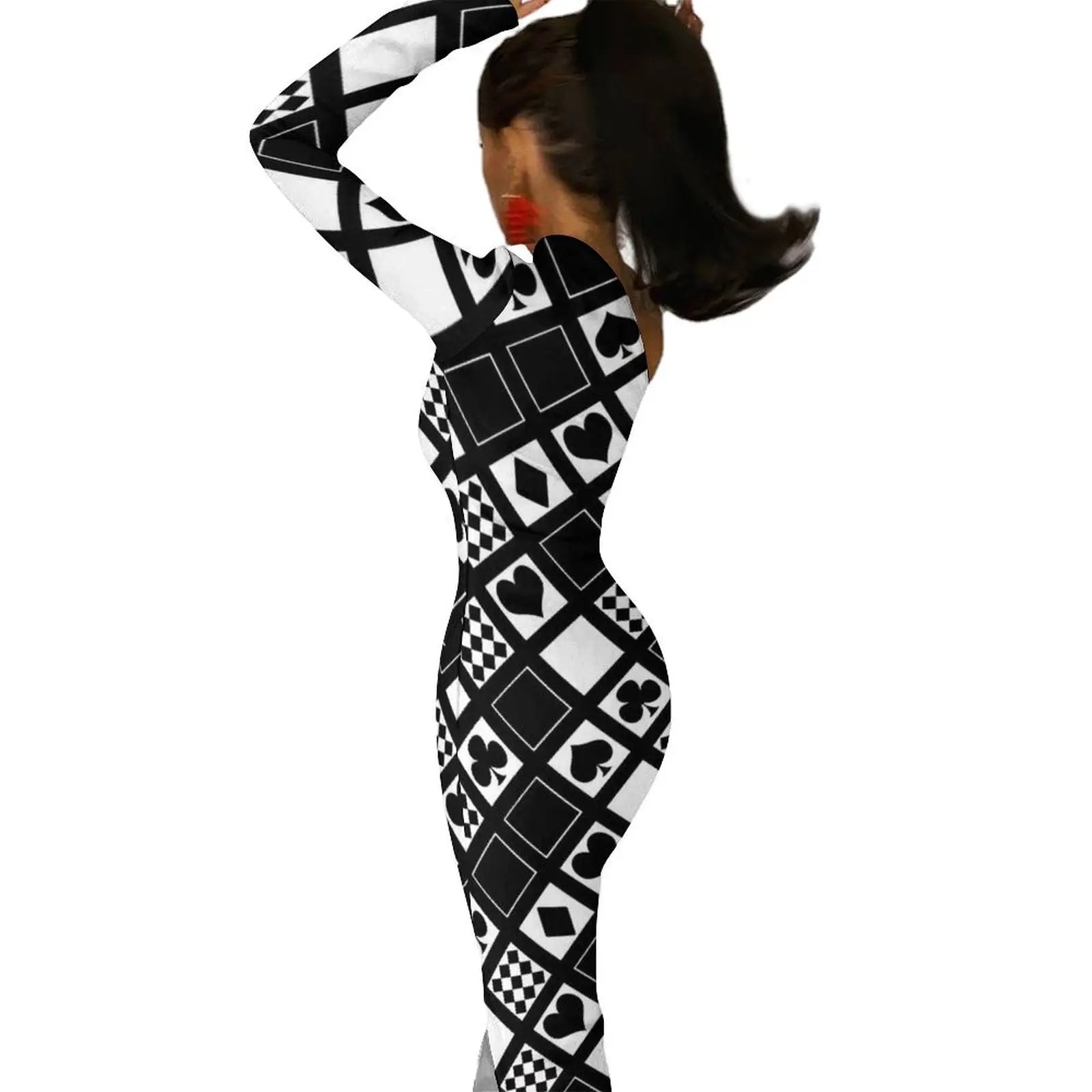Casino Playing Cards Maxi Dress Long Sleeve Hearts Crosses Print Sexy Bodycon Dress Autumn Party Long Dresses Pattern Clothing
