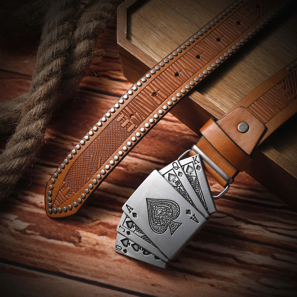 Pique Mode Unique Double layer Cowhide Brown Handmade Leather Western Cowboy Style Ceinture, Essential Cadeau pour Cadeaux