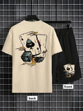 American men's summer fashion poker graffiti print comfortable breathable round neck T-shirt shorts set outdoor streetwear