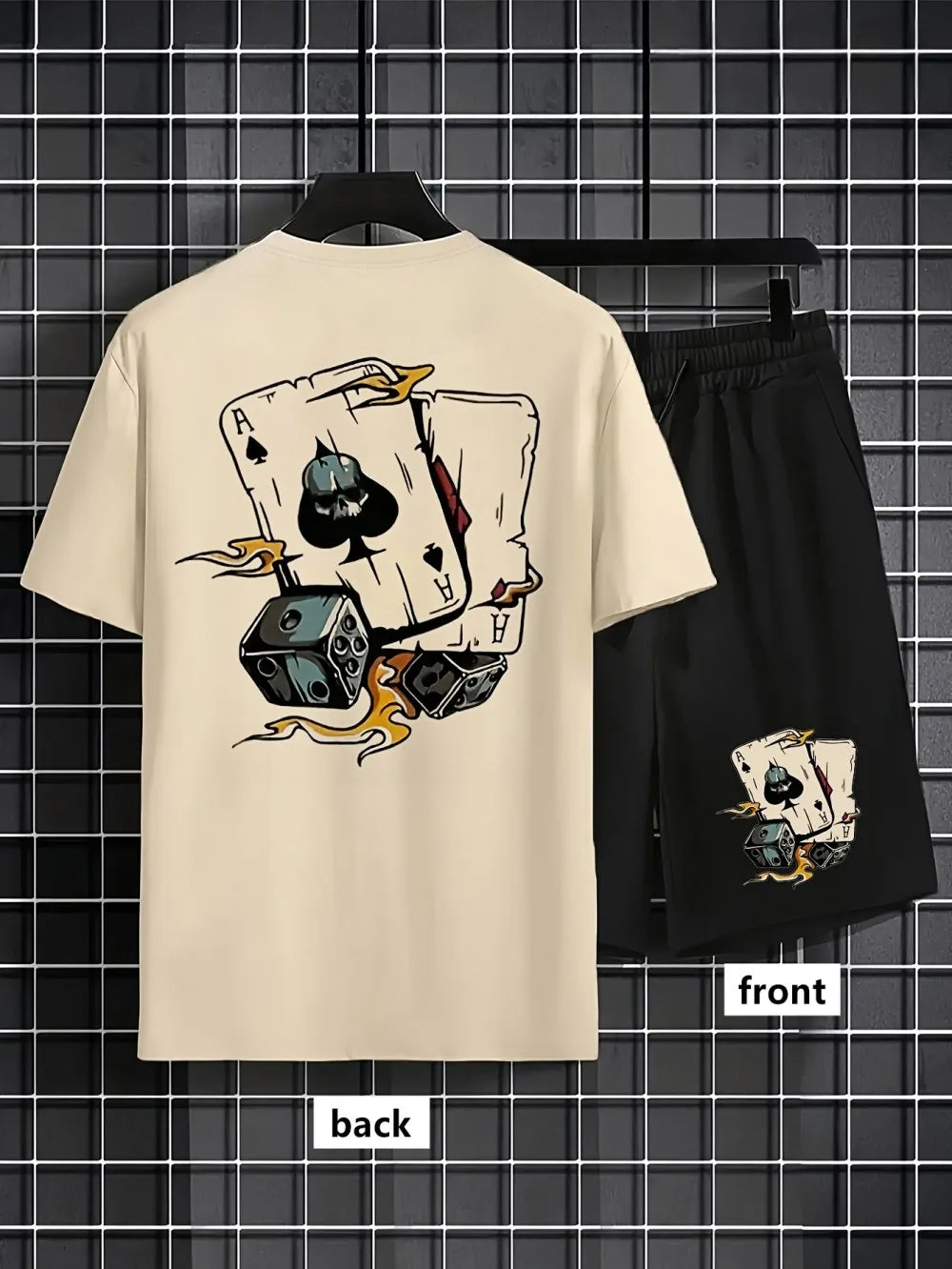 American men's summer fashion poker graffiti print comfortable breathable round neck T-shirt shorts set outdoor streetwear