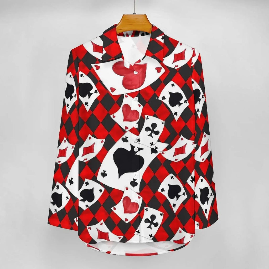 Poker Cards Loose Blouse Playing Cards Street Fashion Spring Autumn Blouses Womens Long-Sleeve Vintage Shirt Spring Graphic Tops