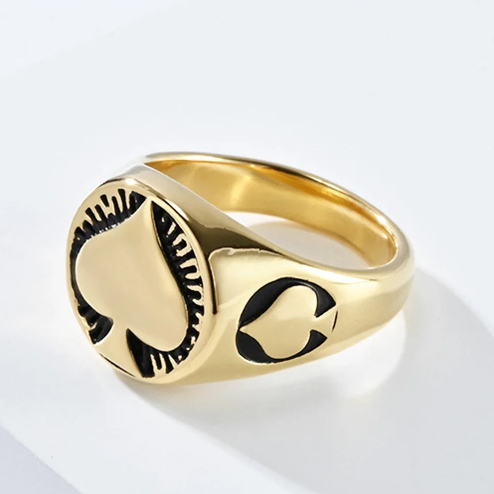 Vintage Men's Titanium Steel Ring Round Spades Poker Ace Of Spades Stainless Steel Ring