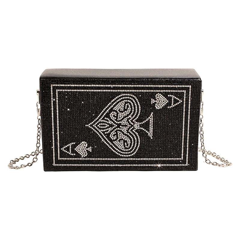 Sac à Main Pochette Femme Strass Poker Cœur — Chaîne Dorée Bandoulière Soirée