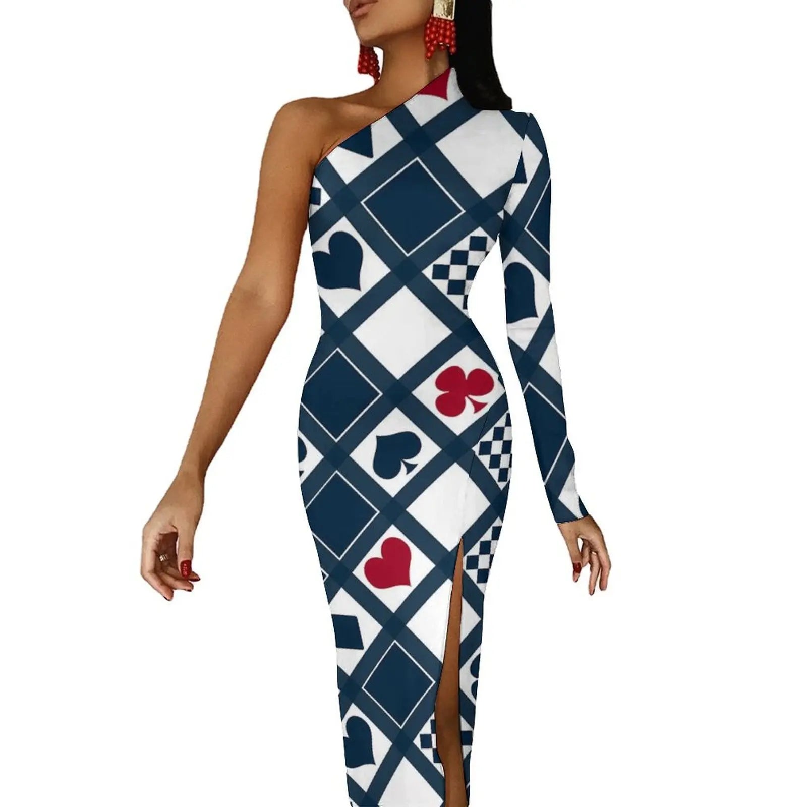 Casino Playing Cards Maxi Dress Long Sleeve Hearts Crosses Print Sexy Bodycon Dress Autumn Party Long Dresses Pattern Clothing