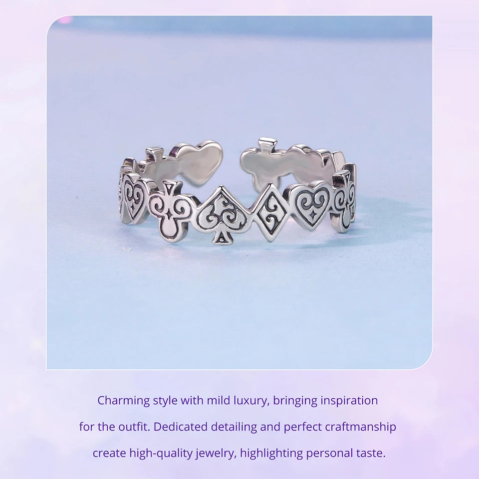 WOSTU Vintage 925 Sterling Silver Poker Card Open bague For Women, Antique Adjustable Stacking Party Rings Fine Gift