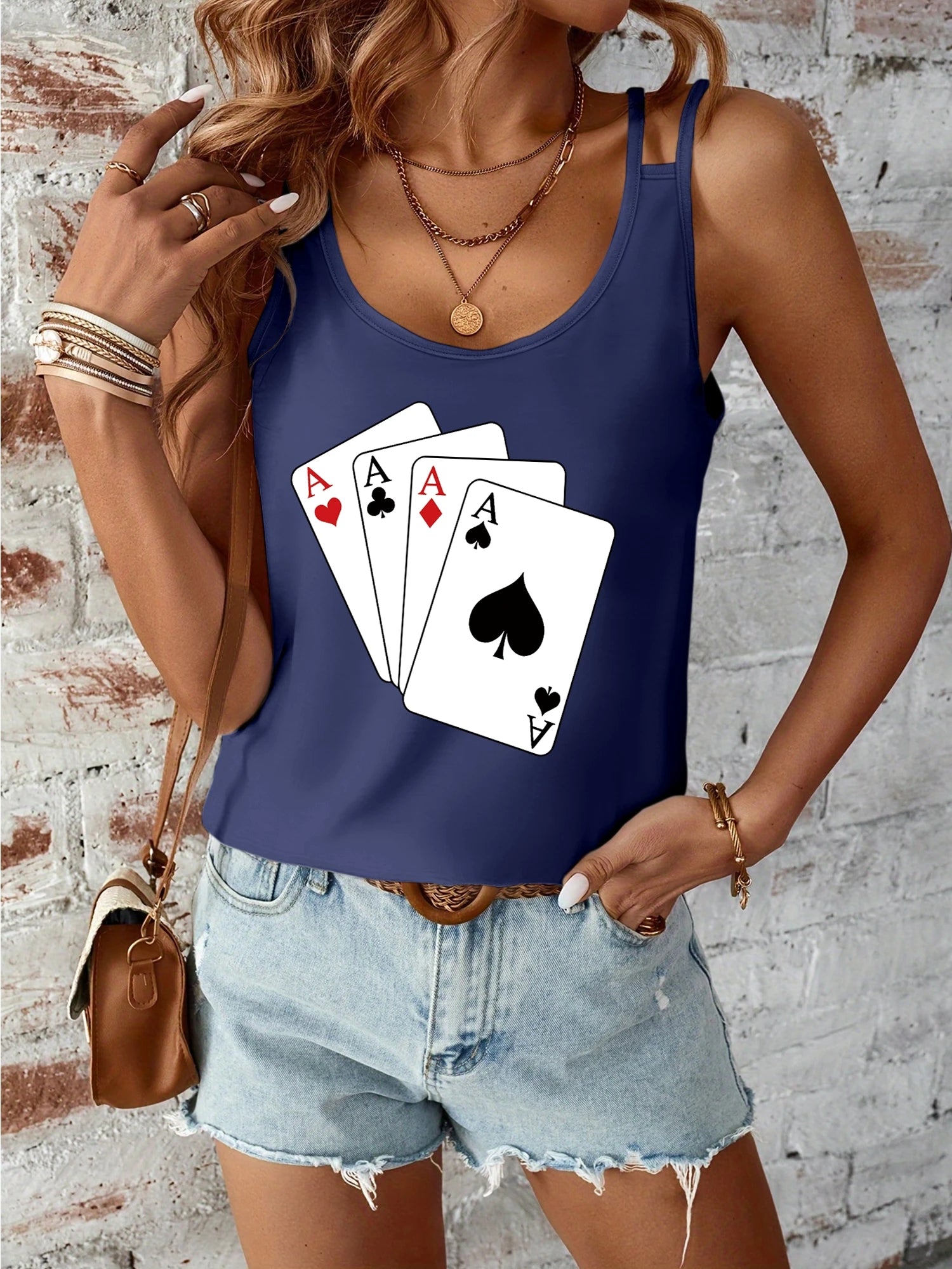 Playing Cards Print Women's Tank Top, Poker Game Themed Sleeveless Cami, Double Straps Loose Fit Blouse for Party & Casual Wear