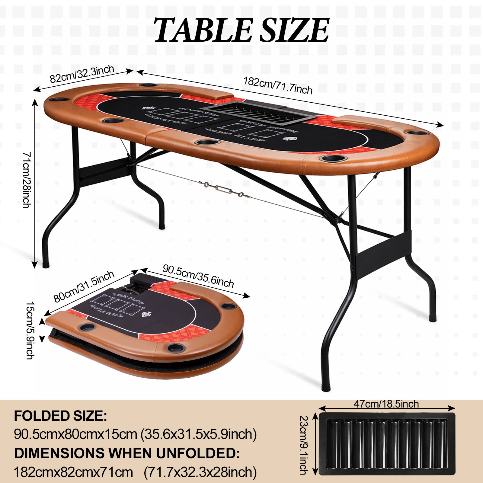 HLC Poker Table 7 Player Foldable Texas Holdem Casino Game Table with Chip Tray, Dealer Spot and Padded Rails for Home Game Room 182×82×71cm