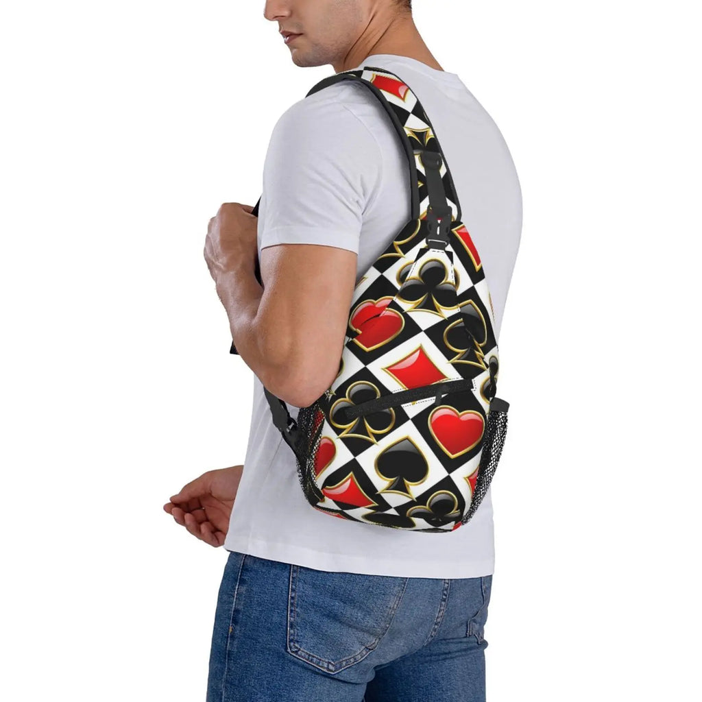 Golden Alice in Wonderland Poker Red Black Print Sling Chest Crossbody Bag Men Casual Shoulder Backpack for Travel Cycling