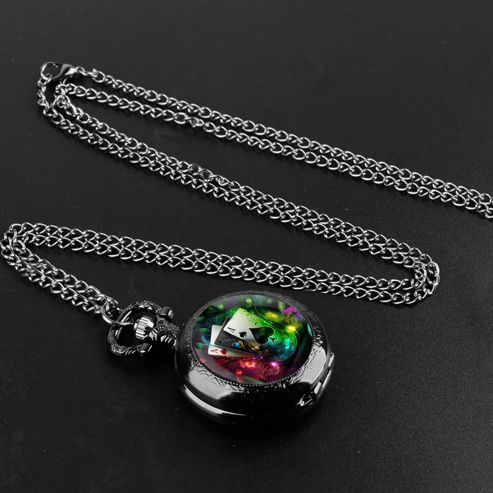 Exquisite Magic Poker Glass Dome Quartz Pocket Watch with Chain Arabic Numeral Dial Women Necklace Pendant Gifts Man Watches