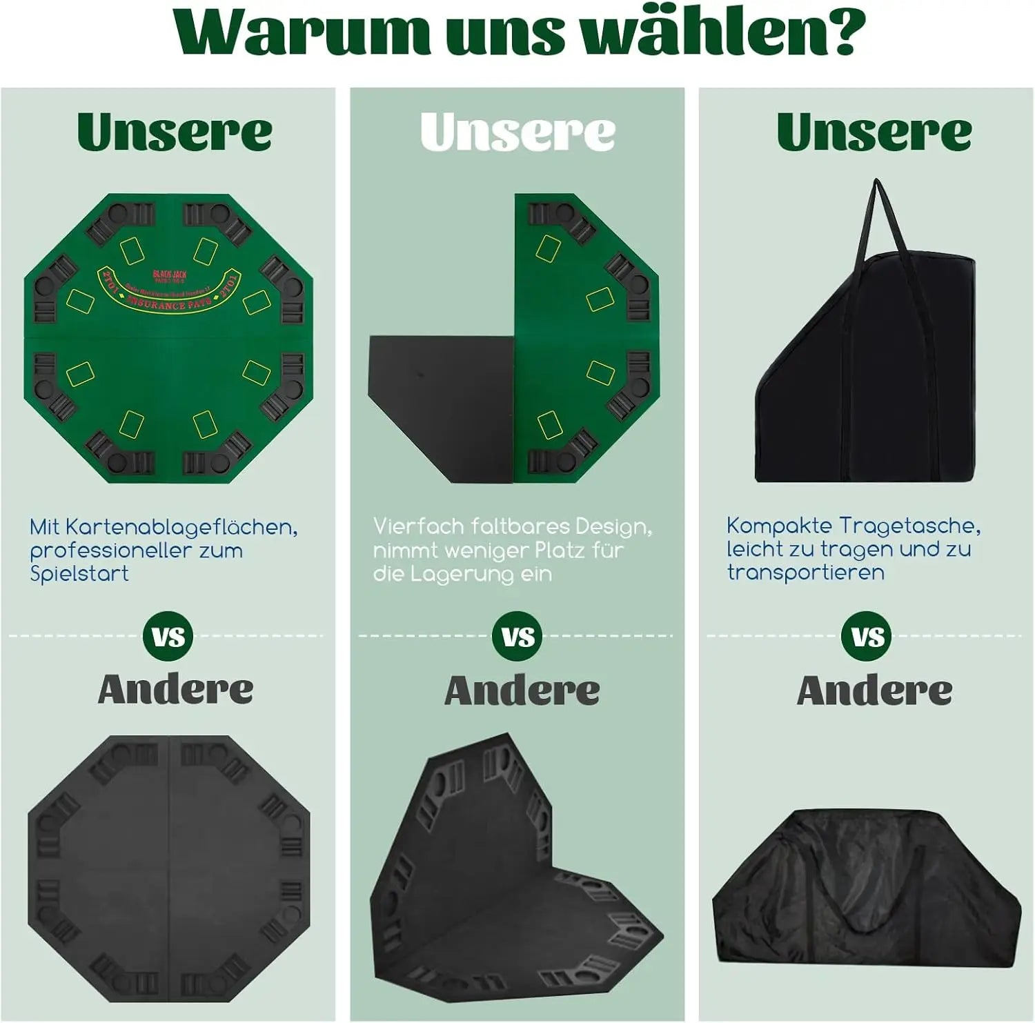 Poker Mat, Texas Holdem, Foldable Poker Table Cover pour 8 Players avec Cup Holders, Poker Rug avec Carry Bag, Green
