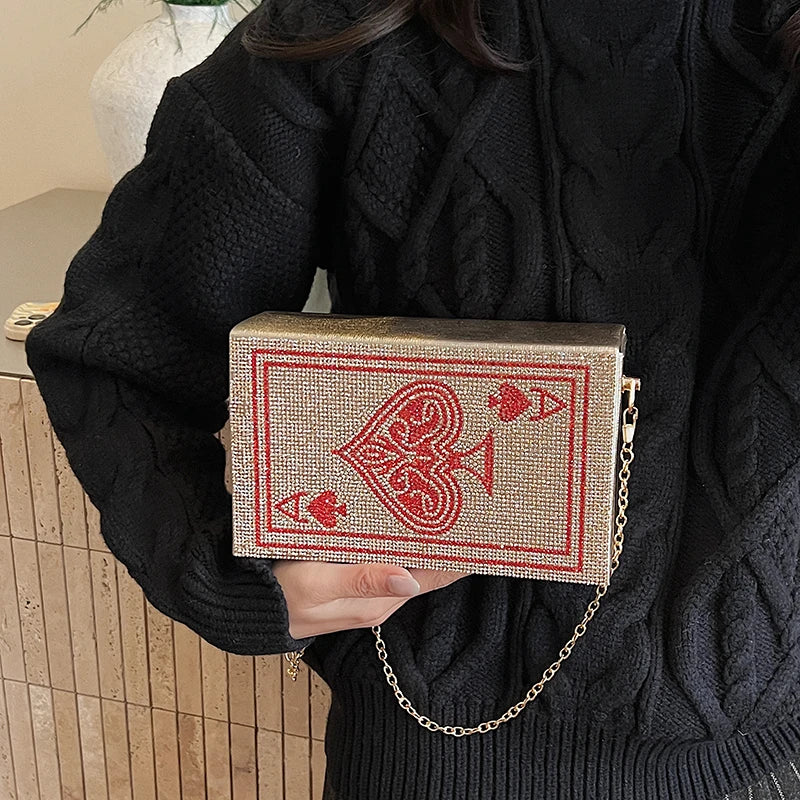 Sac à Main Pochette Femme Strass Poker Cœur — Chaîne Dorée Bandoulière Soirée