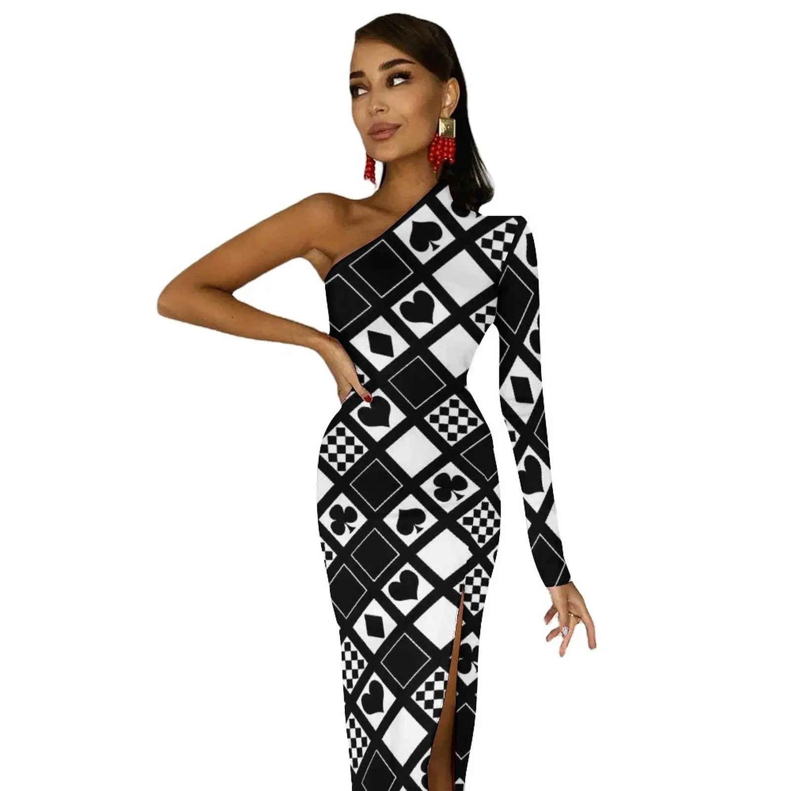 Casino Playing Cards Maxi Dress Long Sleeve Hearts Crosses Print Sexy Bodycon Dress Autumn Party Long Dresses Pattern Clothing