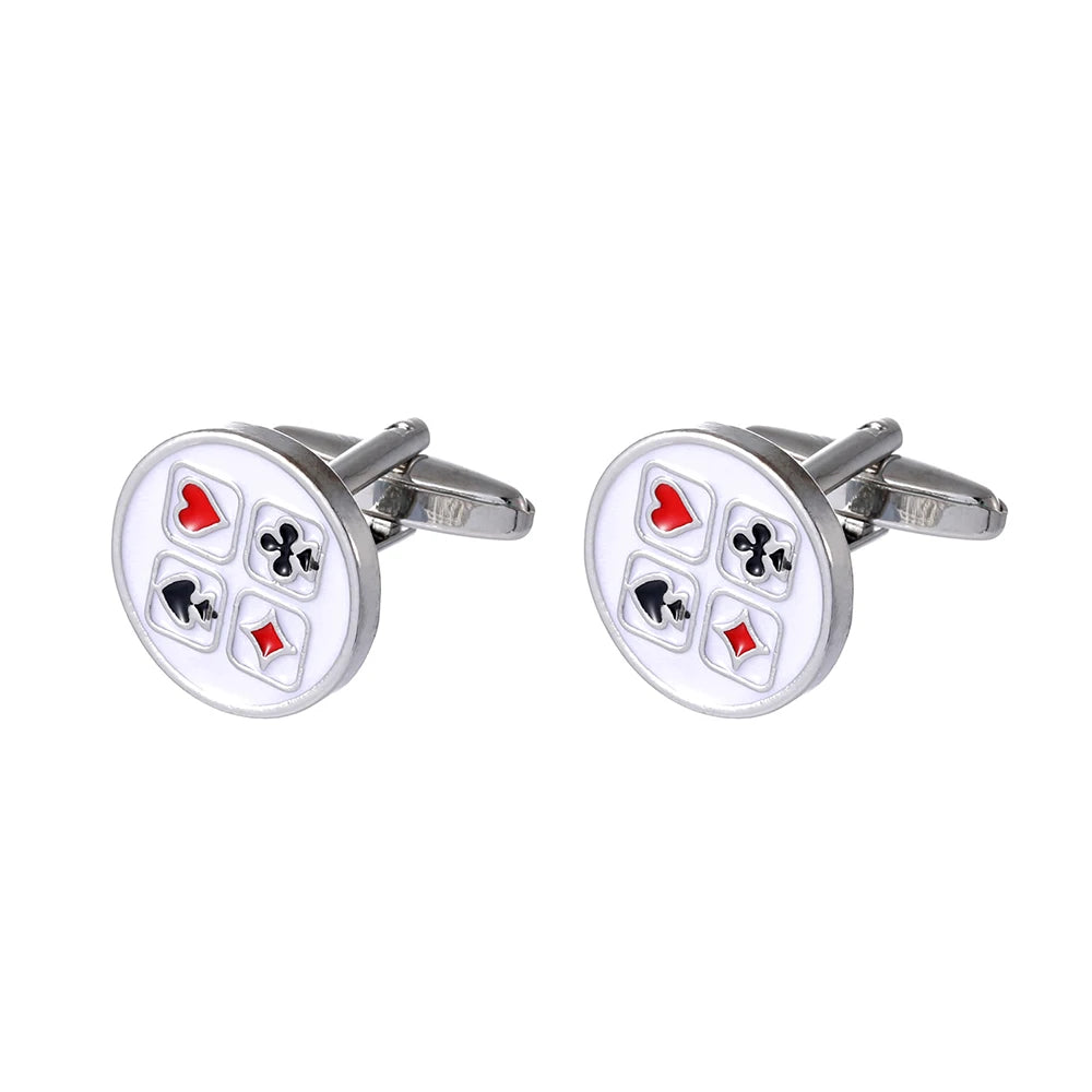 Classic Poker Spade Heart Diamond Club Design Mens Cufflinks Playing Card Chip Pattern Sleeve Button