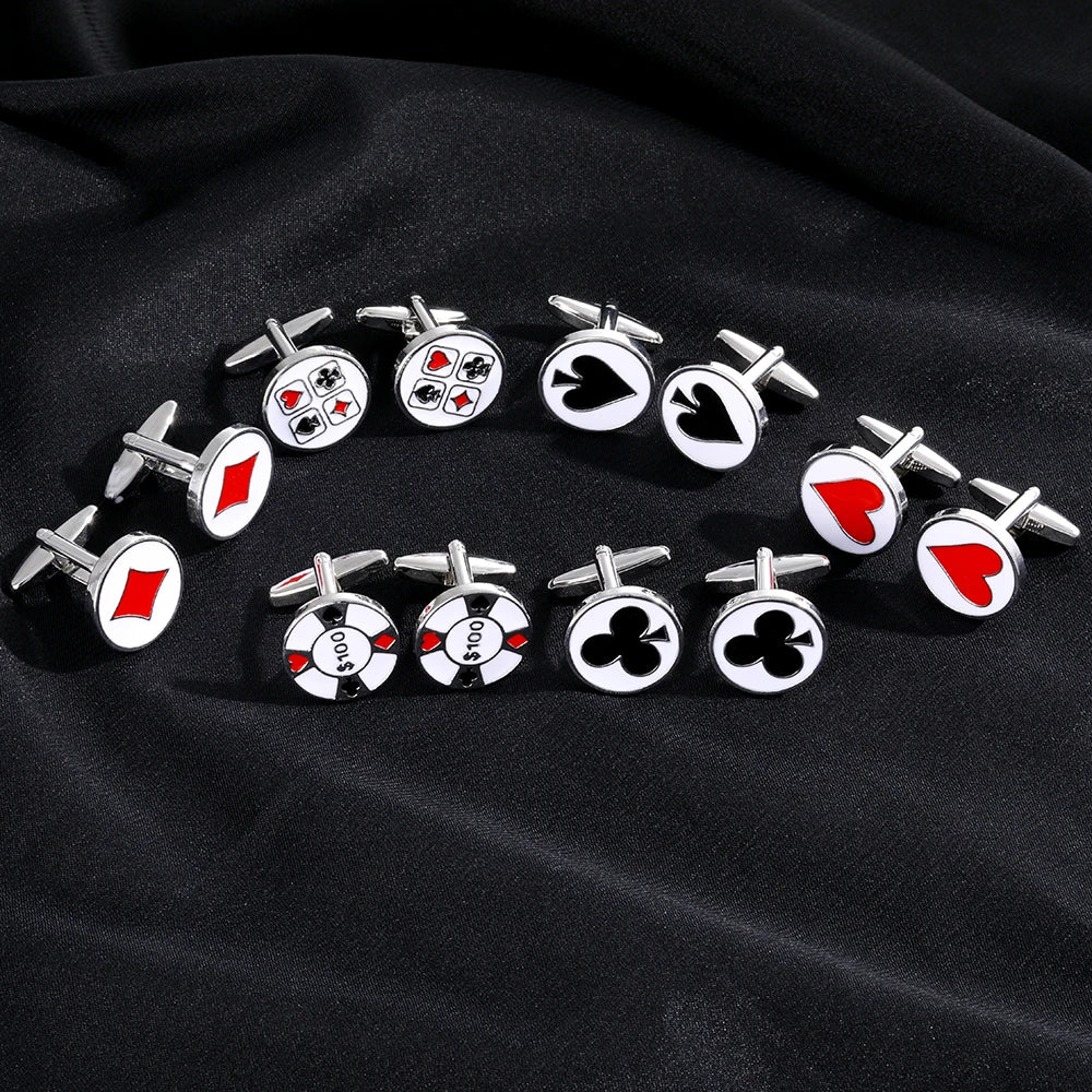 Classic Poker Spade Heart Diamond Club Design Mens Cufflinks Playing Card Chip Pattern Sleeve Button