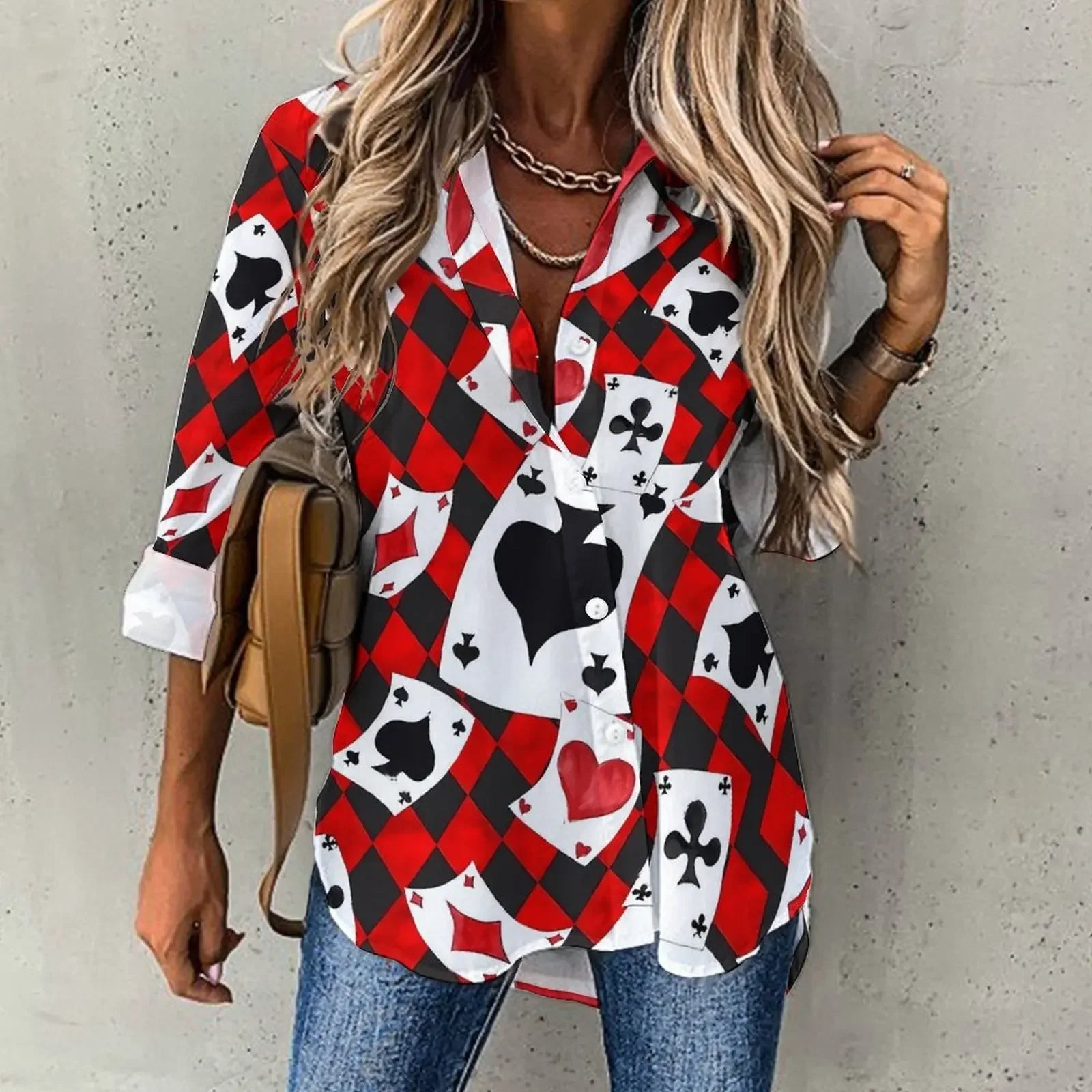 Poker Cards Loose Blouse Playing Cards Street Fashion Spring Autumn Blouses Womens Long-Sleeve Vintage Shirt Spring Graphic Tops