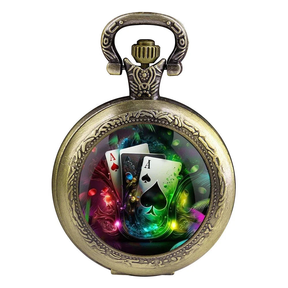 Exquisite Magic Poker Glass Dome Quartz Pocket Watch with Chain Arabic Numeral Dial Women Necklace Pendant Gifts Man Watches