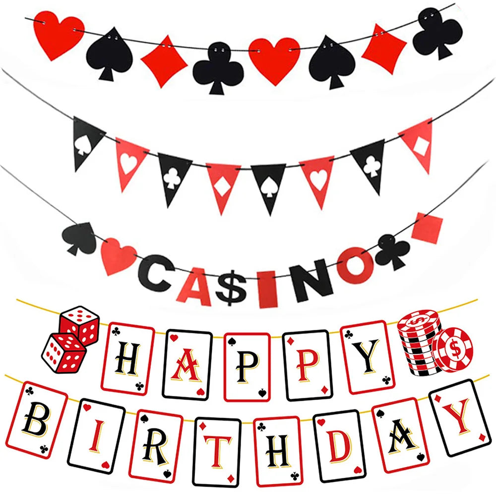 Casino Poker Anniversaire Theme Fête Décorations Casino Happy Anniversaire Bannière Poker Guirlande pour Casino Nuit Poker Events Accessoires