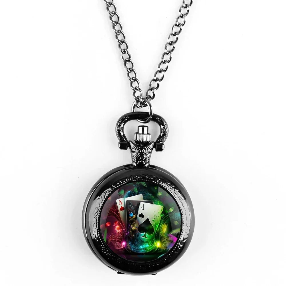 Exquisite Magic Poker Glass Dome Quartz Pocket Watch with Chain Arabic Numeral Dial Women Necklace Pendant Gifts Man Watches
