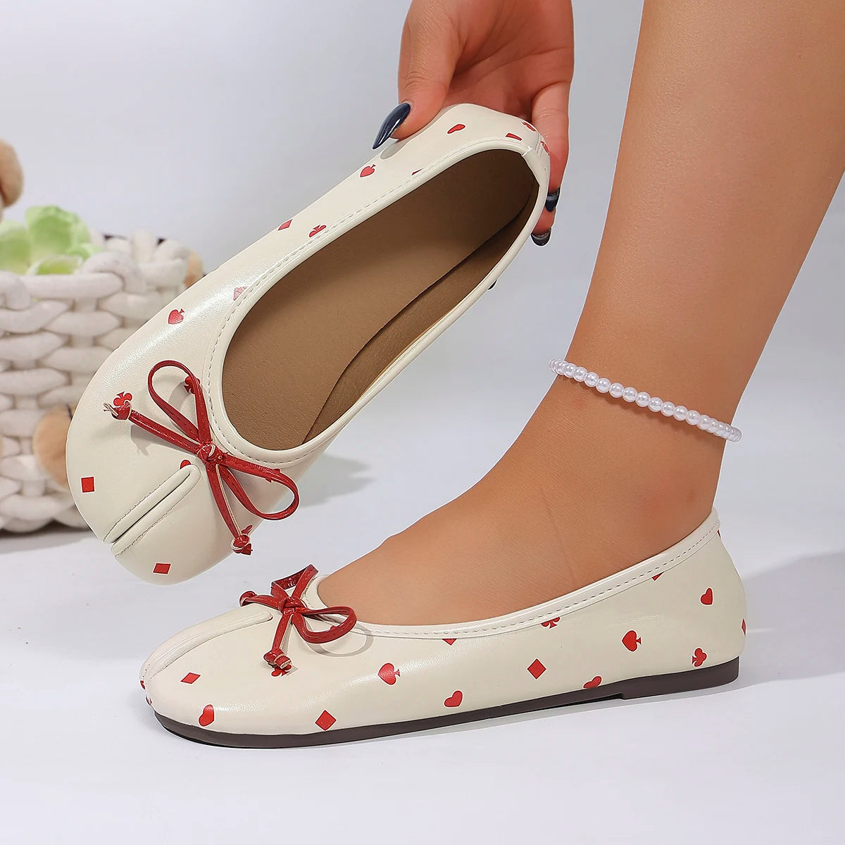 Fashion Split Toe Tabi Flats Women Cute Poker Heart Print Ballet ballerine balerine
