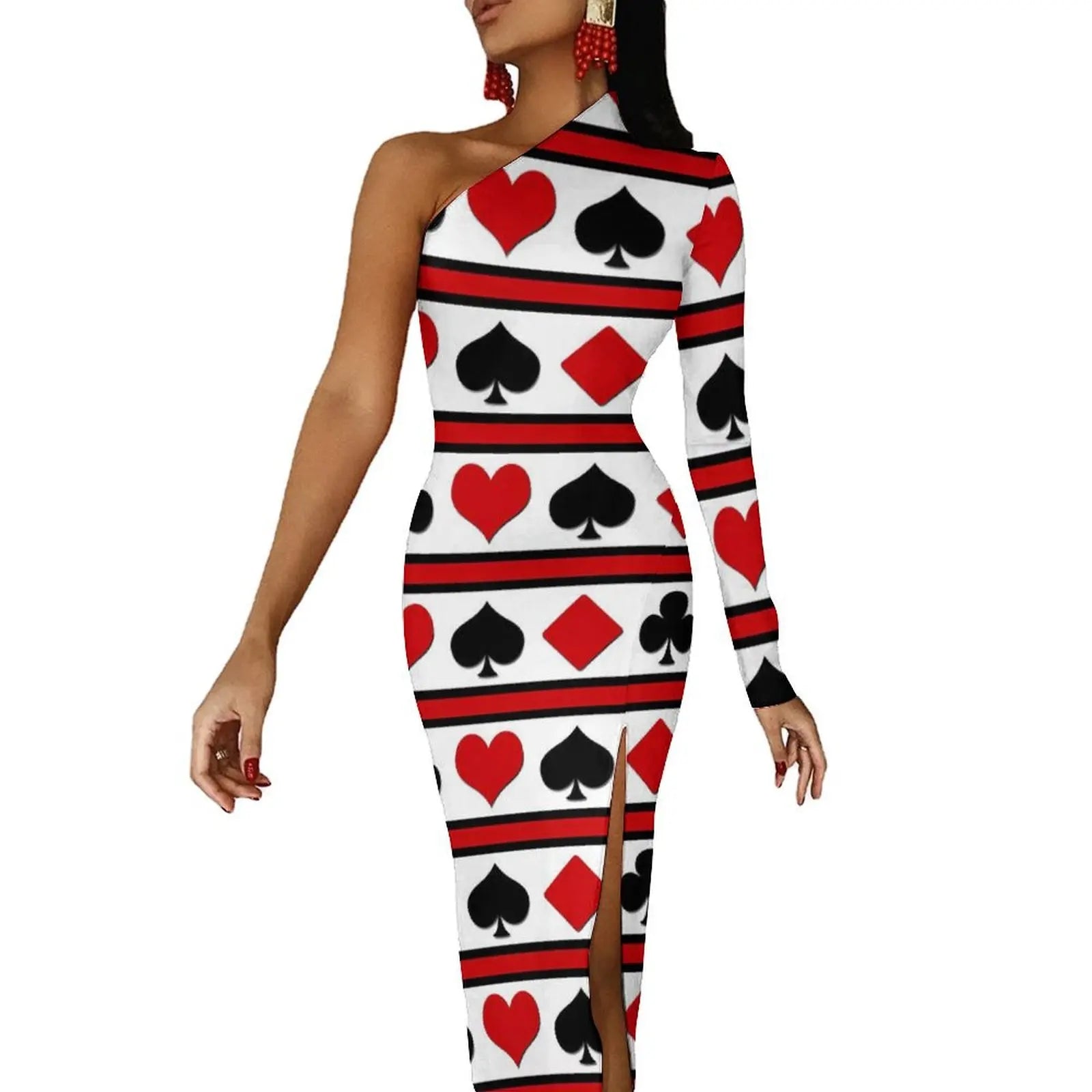 Casino Playing Cards Maxi Dress Long Sleeve Hearts Crosses Print Sexy Bodycon Dress Autumn Party Long Dresses Pattern Clothing