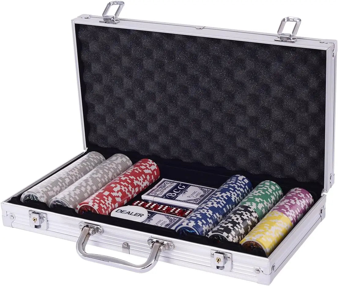 Poker Chips Poker Set with 300 Chips Including 2 Poker Cards 5 Dice 1 Button Aluminum Case Table Entertainment Equipment