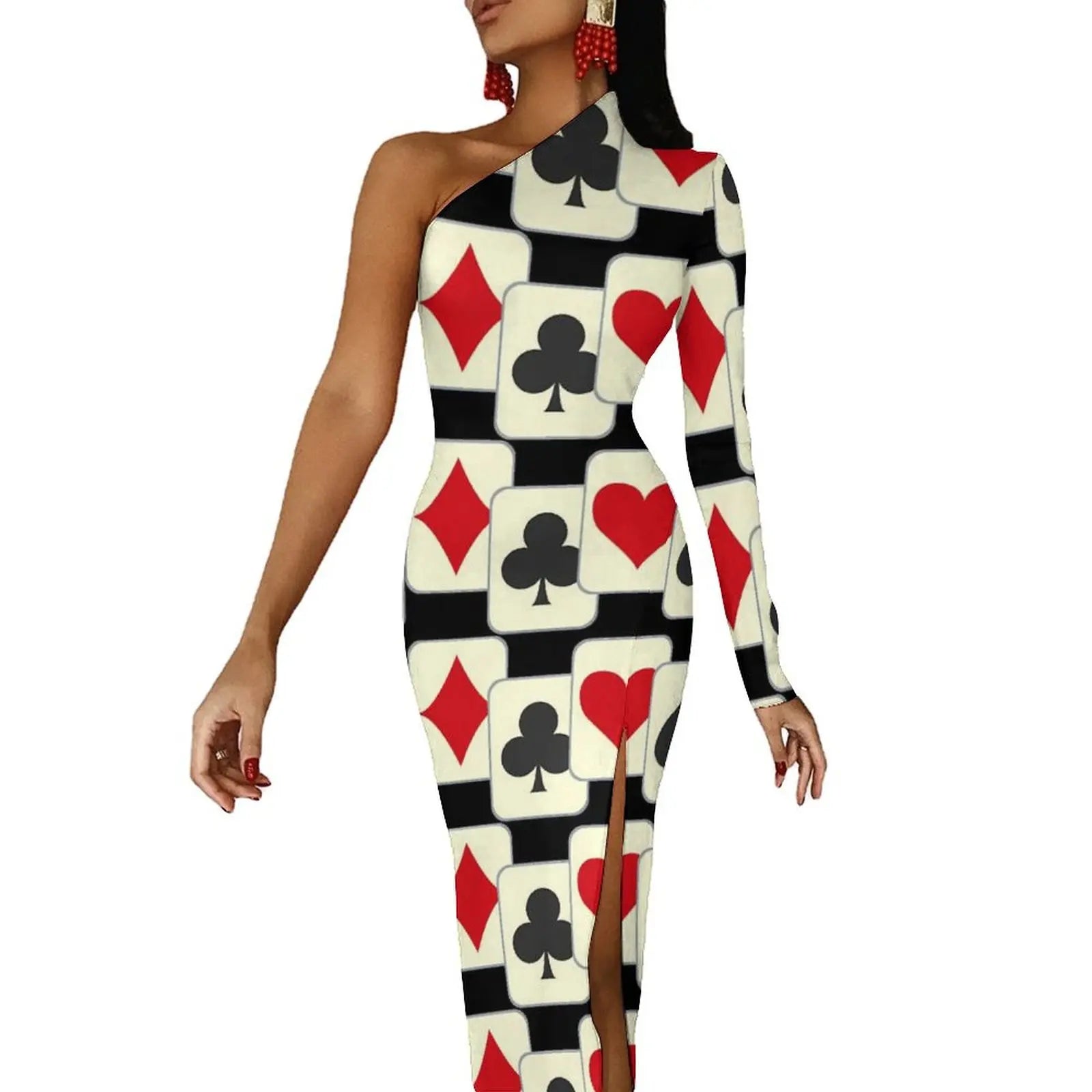 Casino Playing Cards Maxi Dress Long Sleeve Hearts Crosses Print Sexy Bodycon Dress Autumn Party Long Dresses Pattern Clothing