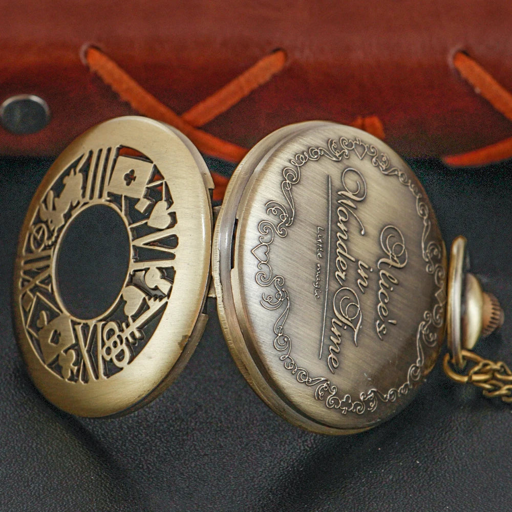 Bronze Fairy Tale Alice Poker Rabbit Hollow Characteristic Quartz Pocket Watch Retro Men's and Women's Necklace Pendant Gift