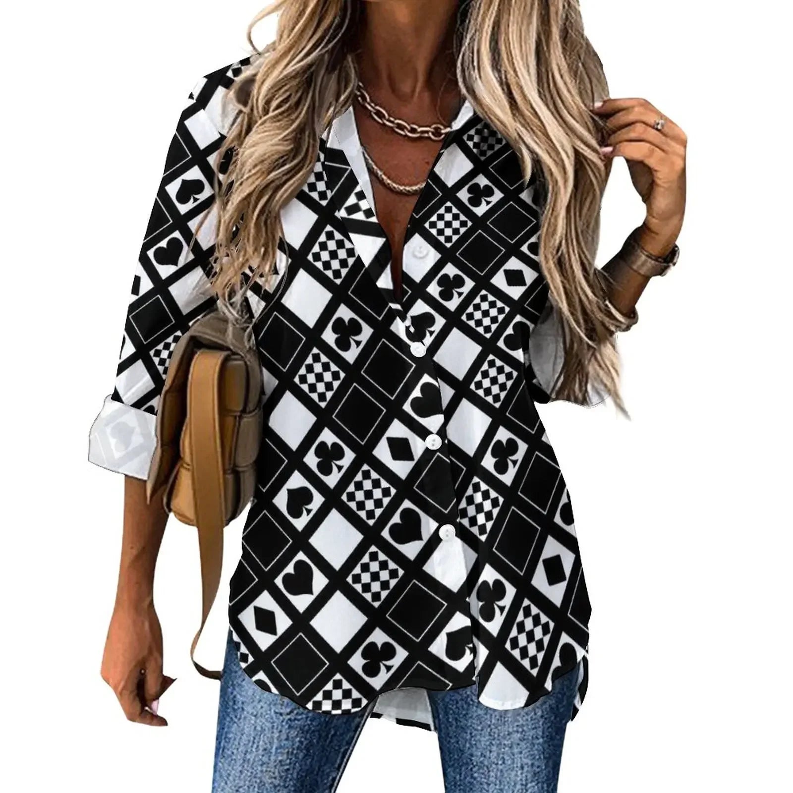 Poker Cards Loose Blouse Playing Cards Street Fashion Spring Autumn Blouses Womens Long-Sleeve Vintage Shirt Spring Graphic Tops