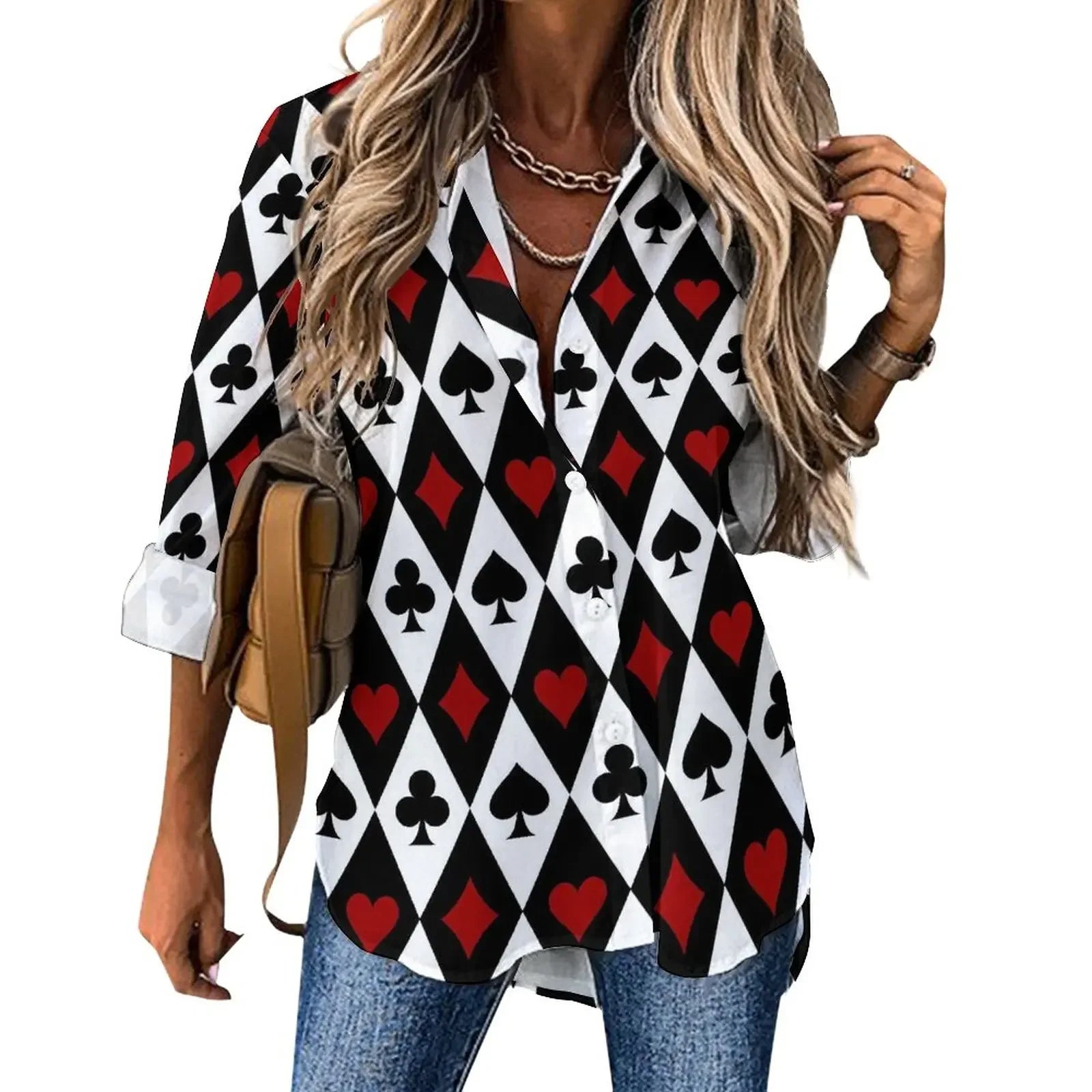 Poker Cards Loose Blouse Playing Cards Street Fashion Spring Autumn Blouses Womens Long-Sleeve Vintage Shirt Spring Graphic Tops