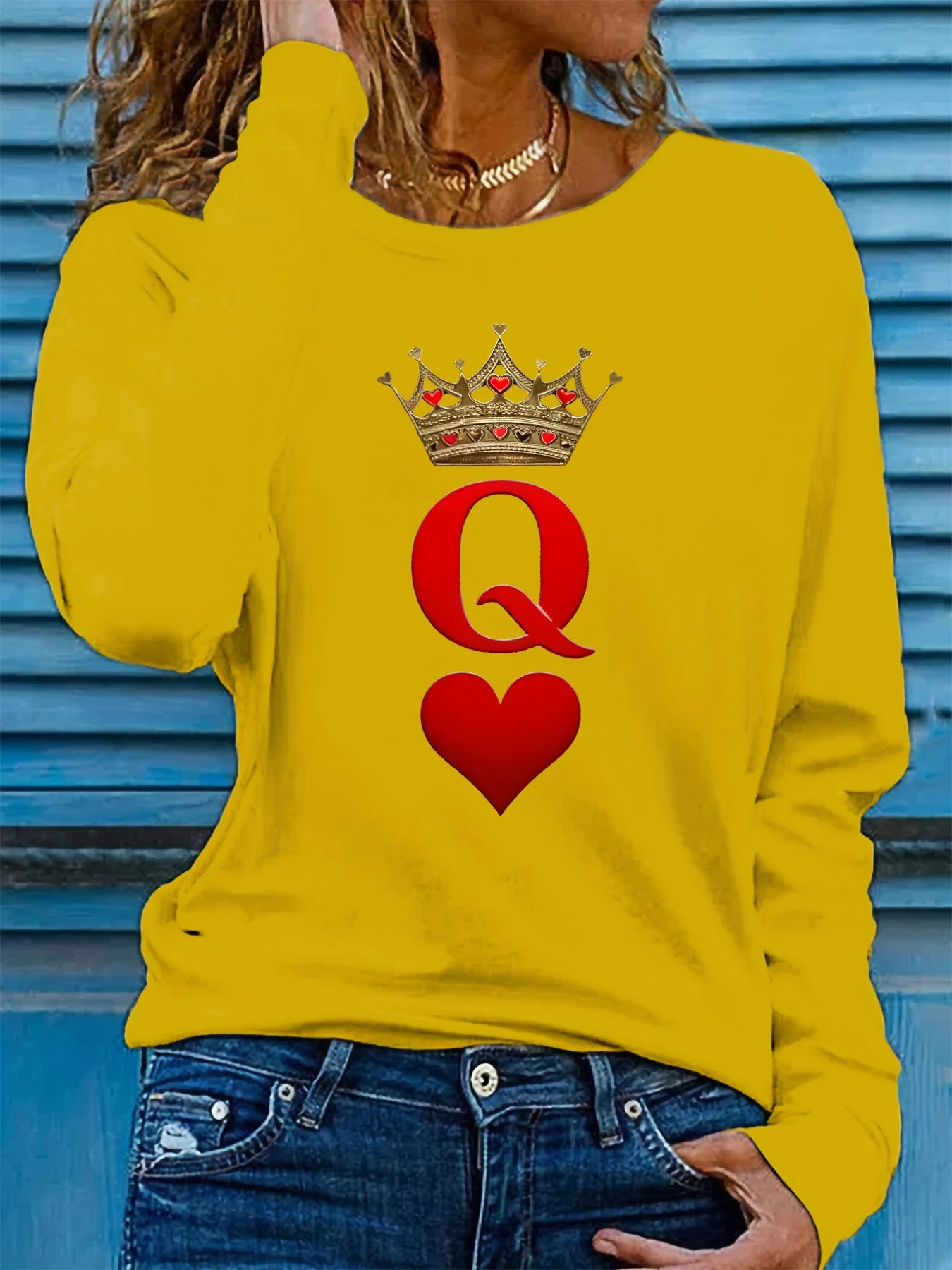 100% pure cotton women's spring and autumn comfortable casual long sleeved poker card Q queen pattern printed round neck T-shirt