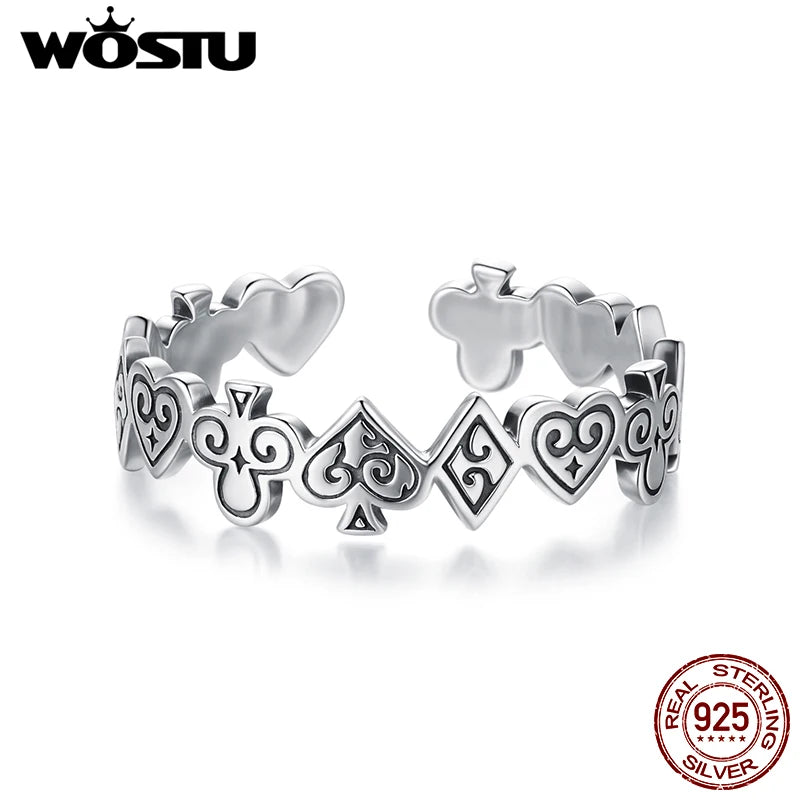 WOSTU Vintage 925 Sterling Silver Poker Card Open bague For Women, Antique Adjustable Stacking Party Rings Fine Gift